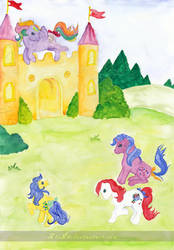 Size: 900x1295 | Tagged: safe, artist:z1ar0, bubbles (g1), buttons (g1), cherry treats, tickle (g1), g1, bow, castle, flying, golden castle, tail bow, traditional art, watercolor painting