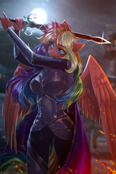 Size: 1000x1500 | Tagged: safe, alternate version, artist:alicesmitt31, oc, oc only, oc:spectrum dash, alicorn, anthro, alicorn oc, anthro oc, armor, clothes, female, full moon, moon, rainbow hair, solo, ych result