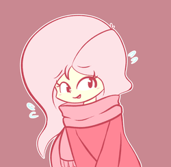 Size: 1262x1229 | Tagged: safe, artist:typhwosion, fluttershy, human, g4, blushing, clothes, cute, female, humanized, red background, scarf, shyabetes, simple background, solo