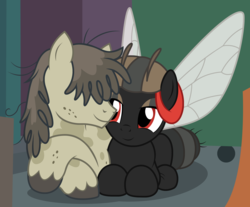 Size: 2900x2400 | Tagged: safe, artist:badumsquish, derpibooru exclusive, pigpen, oc, unnamed oc, bug pony, earth pony, fly, fly pony, pony, g4, alley, antennae, bedroom eyes, canon x oc, dirty, dumpster, duo, female, high res, male, messy mane, show accurate, snuggling, unshorn fetlocks