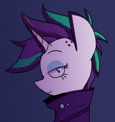 Size: 1280x1348 | Tagged: safe, artist:typhwosion, rarity, pony, unicorn, g4, it isn't the mane thing about you, alternate hairstyle, blue background, clothes, female, lidded eyes, mare, profile, punk, raripunk, simple background, solo