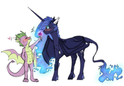 Size: 3033x2100 | Tagged: safe, artist:dashkatortik12222222, princess luna, spike, alicorn, bat pony, bat pony alicorn, classical unicorn, dragon, pony, g4, alternate design, bat wings, blushing, blushing profusely, cloven hooves, coat markings, cute, dappled, dragon wings, duo, ear fluff, ethereal mane, female, flower, flowing mane, heart, high res, horn, interspecies, leonine tail, long horn, male, mare, missing accessory, older, older spike, pointy horn, ship:spiluna, shipping, starry mane, straight, unshorn fetlocks, winged spike, wings