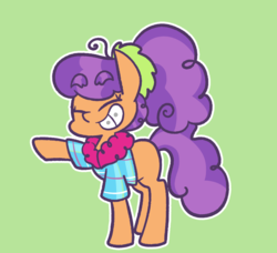 Size: 1053x960 | Tagged: safe, artist:typhwosion, plaid stripes, pony, g4, the saddle row review, braces, cute, eyebrows, eyebrows visible through hair, eyes closed, female, green background, plaidabetes, simple background, smiling, solo