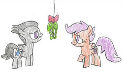 Size: 1280x802 | Tagged: safe, artist:katierose45, rumble, scootaloo, g4, female, male, mistletoe, ship:rumbloo, shipping, straight, traditional art