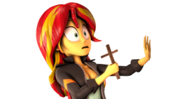Size: 2044x1150 | Tagged: safe, artist:flushthebatsanta, sunset shimmer, equestria girls, g4, 3d, breasts, christian sunset shimmer, christianity, cleavage, cross, jontron, nope, out of this house, outta this house, reaction image, religion, takeshi's challenge