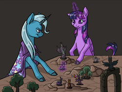 Size: 900x675 | Tagged: safe, artist:dany-the-hell-fox, trixie, twilight sparkle, alicorn, pony, unicorn, tabun art-battle, g4, cloven hooves, duo, female, glowing horn, hooves, horn, leonine tail, magic, mare, telekinesis, twilight sparkle (alicorn), wings