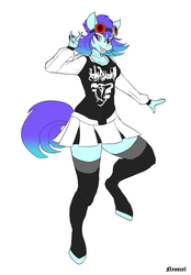 Size: 3475x5000 | Tagged: safe, artist:neoncel, oc, oc only, oc:raven mcchippy, anthro, unguligrade anthro, clothes, devil horn (gesture), female, goggles, hoodie, mare, miniskirt, pleated skirt, simple background, skirt, socks, solo, thigh highs, white background, zettai ryouiki