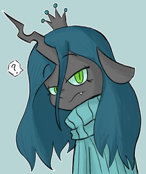 Size: 1280x1514 | Tagged: safe, artist:typhwosion, queen chrysalis, changeling, changeling queen, g4, blue background, bust, clothes, crown, cute, cutealis, female, floppy ears, jewelry, question mark, regalia, simple background, slit pupils, solo, speech bubble, sweater, turtleneck