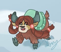 Size: 1214x1040 | Tagged: safe, artist:jade-mod, yona, yak, g4, cloven hooves, cute, eye clipping through hair, female, hoofprints, open mouth, signature, snow, solo, yonadorable