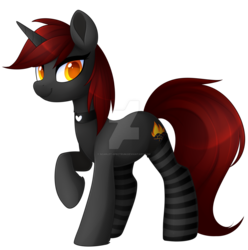 Size: 1280x1288 | Tagged: safe, artist:scarlet-spectrum, oc, oc only, oc:ember stone, pony, unicorn, choker, clothes, deviantart watermark, female, mare, obtrusive watermark, red and black oc, simple background, socks, solo, striped socks, transparent background, watermark