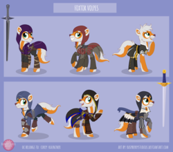 Size: 5400x4751 | Tagged: safe, artist:raspberrystudios, oc, oc only, oc:foxtor volpes, earth pony, fox, fox pony, hybrid, original species, pony, absurd resolution, armor, assassin's creed, clothes, coat, commission, gun, handgun, hood, male, multicolored tail, pistol, reference sheet, robes, stallion, sword, ubisoft, weapon