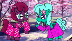 Size: 1920x1080 | Tagged: safe, artist:徐詩珮, fizzlepop berrytwist, glitter drops, tempest shadow, alicorn, pony, g4, alicornified, cherry blossoms, clothes, duo, female, flower, flower blossom, flower in hair, glittercorn, japan, japanese, kimono (clothing), lesbian, mare, race swap, ship:glittershadow, shipping, tempesticorn