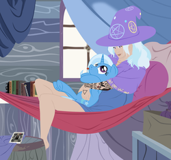 Size: 3000x2800 | Tagged: safe, artist:aaronmk, trixie, human, pony, unicorn, g4, female, hammock, hat, high res, humanized, interior, mare, mlem, self ponidox, silly, tattoo, tongue out, trixie's wagon, vector