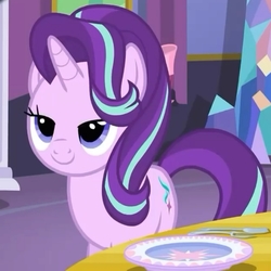 Size: 720x719 | Tagged: safe, screencap, starlight glimmer, pony, unicorn, g4, no second prances, season 6, bedroom eyes, column, cropped, female, fork, lidded eyes, mare, plate, smiling, solo, spoon, suggestive smile, table, twilight's castle