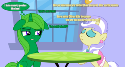 Size: 2001x1080 | Tagged: safe, artist:limedreaming, upper crust, oc, oc:lime dream, pony, unicorn, g4, canterlot, floppy ears, freckles, snooty, table, text bubbles, unicorn master race, vector, window