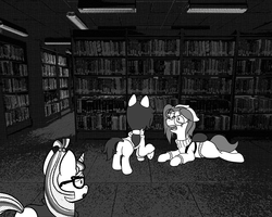 Size: 1280x1024 | Tagged: safe, artist:scraggleman, moondancer, oc, oc:floor bored, oc:taku, earth pony, pony, unicorn, g4, backpack, clothes, crooked glasses, crying, glasses, library, lying down, monochrome, round glasses, story included, story:lost and found, sweater