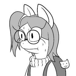 Size: 1000x1000 | Tagged: safe, artist:scraggleman, oc, oc only, oc:taku, earth pony, pony, animated, awkward, backpack, clothes, female, gif, glasses, keychain, mare, monochrome, round glasses, shifty eyes, solo, story included, story:lost and found, sweat, sweater