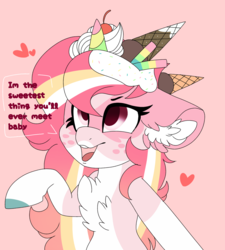 Size: 1329x1475 | Tagged: safe, artist:jup1t3r, oc, oc only, earth pony, pony, bust, cherry, chest fluff, coat markings, colored hooves, cute, dialogue, ear fluff, female, floppy ears, food, heart, ice cream, mare, ocbetes, open mouth, pink background, simple background, smiling, socks (coat markings), solo, speech bubble, text