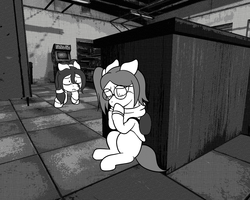 Size: 1280x1024 | Tagged: safe, artist:scraggleman, oc, oc only, oc:floor bored, oc:taku, earth pony, pony, backpack, clothes, female, glasses, mare, monochrome, scared, sitting, story included, story:lost and found, sweater, teary eyes