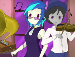 Size: 1706x1300 | Tagged: safe, artist:maomao9, dj pon-3, octavia melody, vinyl scratch, a hearth's warming tail, equestria girls, g4, bow, clothes, female, glasses, gramophone, hat, lesbian, looking at each other, music notes, musical instrument, ship:scratchtavia, shipping, short hair, skirt, sleeveless, victrola scratch, violin, window