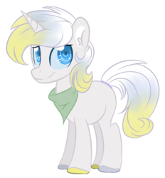Size: 600x646 | Tagged: safe, artist:sinamuna, oc, oc only, oc:flurry valor, pony, unicorn, au:equuis, bandana, base used, blonde hair, blue eyes, blue hair, colored hooves, horn, male, multicolored hair, redesign, smiling, solo, stallion, updated design, white hair
