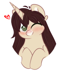 Size: 600x737 | Tagged: safe, artist:sinamuna, oc, oc only, oc:cinnamon fawn, pony, unicorn, base used, blushing, brown hair, bust, chubby, cute, female, freckles, green eyes, hazel eyes, heart, hooves together, horn, long hair, mare, one eye closed, ponysona, smiling, solo, wink