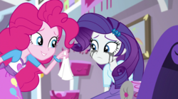 Size: 1280x718 | Tagged: safe, screencap, pinkie pie, rarity, equestria girls, equestria girls specials, g4, my little pony equestria girls: dance magic, barrette, bracelet, crying, duo, duo female, female, jewelry, makeup, marshmelodrama, mascara, mascarity, rarity being rarity, running makeup, smiling, tissue, tissue paper
