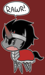 Size: 618x1028 | Tagged: safe, artist:typhwosion, king sombra, pony, unicorn, g4, beady eyes, chibi, cute, cute little fangs, dialogue, fangs, gradient horn, horn, male, open mouth, rawr, red background, simple background, solo, sombradorable, speech bubble, stallion