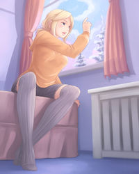 Size: 1200x1500 | Tagged: safe, artist:ninjaham, applejack, human, g4, clothes, female, hoodie, humanized, indoors, open mouth, shorts, sitting, snow, socks, solo, thigh highs, tree, window