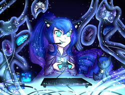 Size: 1280x979 | Tagged: dead source, safe, artist:y-firestar, princess luna, human, pony, gamer luna, g4, beady eyes, cat ears, clothes, controller, crown, cute, ethereal mane, female, headset, hoodie, human coloration, humanized, jewelry, keyboard, lunabetes, mug, plushie, ponytail, regalia, solo, starry mane