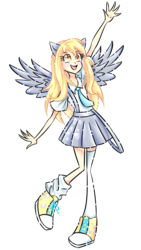 Size: 900x1600 | Tagged: safe, artist:y-firestar, derpy hooves, human, g4, clothes, converse, cute, derpabetes, eared humanization, female, human coloration, humanized, mismatched socks, moe, necktie, open mouth, pleated skirt, shoes, simple background, skirt, socks, solo, suspenders, thigh highs, transparent background, winged humanization, wings