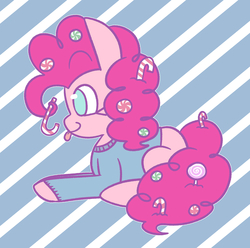 Size: 1280x1269 | Tagged: safe, artist:typhwosion, pinkie pie, earth pony, pony, g4, :p, candy, candy cane, clothes, cute, diapinkes, female, food, lollipop, mare, no pupils, profile, prone, silly, solo, sweater, tongue out