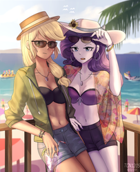 Size: 1300x1600 | Tagged: safe, artist:tcn1205, applejack, rarity, human, equestria girls, g4, anime, beach, belly button, bikini, bikini top, bracelet, breasts, clothes, cloud, cocktail umbrella, cup, cute, drink, ear piercing, earring, female, freckles, hat, humanized, jackabetes, jacket, jewelry, lesbian, looking at you, necklace, open mouth, piercing, pony coloring, raribetes, ring, ship:rarijack, shipping, sky, straw, sunglasses, swimsuit, unamused, water
