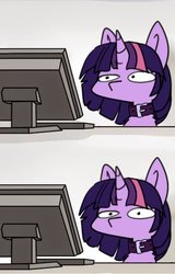 Size: 375x587 | Tagged: safe, artist:duop-qoub, twilight sparkle, alicorn, pony, descended twilight, g4, collar, computer, computer reaction faces, desk, female, keyboard, looking at you, mare, reaction image, solo, twiggie, twilight sparkle (alicorn)