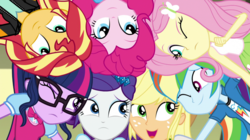 Size: 1280x718 | Tagged: safe, screencap, applejack, fluttershy, pinkie pie, rainbow dash, rarity, sci-twi, sunset shimmer, twilight sparkle, dance magic, equestria girls, equestria girls specials, g4, bow, clothes, collar, cowboy hat, cute, eyes closed, female, freckles, glasses, group, group shot, hairpin, half closed eye, hat, huddle, humane five, humane seven, humane six, jacket, leather, leather jacket, one eye closed, open mouth, open smile, ponytail, shirt, smiling, t-shirt, tank top, teenager, top, vest, wink