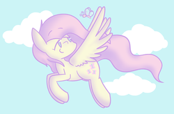 Size: 1280x843 | Tagged: safe, artist:typhwosion, fluttershy, butterfly, pegasus, pony, g4, beady eyes, cloud, cute, female, flying, looking back, no pupils, shyabetes, sky, solo