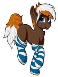 Size: 900x1200 | Tagged: safe, artist:oblique, oc, oc only, earth pony, pony, chest fluff, clothes, cute, ear fluff, happy, looking at you, male, open mouth, raised hoof, raised hooves, simple background, socks, solo, stallion, striped socks, teeth, transparent background