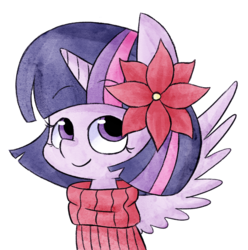Size: 1280x1290 | Tagged: safe, artist:typhwosion, twilight sparkle, alicorn, pony, g4, alternate hairstyle, bust, clothes, cute, female, flower, flower in hair, haircut, mare, simple background, solo, sweater, turtleneck, twiabetes, twilight sparkle (alicorn), white background