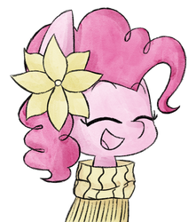 Size: 1140x1290 | Tagged: safe, artist:typhwosion, pinkie pie, earth pony, pony, g4, bust, clothes, cute, diapinkes, eyes closed, female, flower, flower in hair, open mouth, simple background, solo, sweater, turtleneck, white background