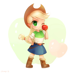 Size: 3000x3000 | Tagged: safe, artist:jeremywithlove, applejack, human, equestria girls, g4, apple, boots, clothes, cowboy hat, cute, cutie mark eyes, female, food, hat, high res, humanized, jackabetes, shoes, smiling, solo, stetson, wingding eyes