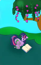 Size: 825x1320 | Tagged: safe, artist:kluxredyard, spike, twilight sparkle, pony, unicorn, g4, baby, baby spike, book, cute, mama twilight, tree, unicorn twilight, young