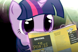 Size: 720x480 | Tagged: safe, artist:vapgames, derpy hooves, twilight sparkle, pony, g4, animated, anime reference, department of redundancy department, derp, doodle, driving for ponies, female, for dummies, gif, mare, protip, reading, redline, this will end with a blown engine, this will not end well