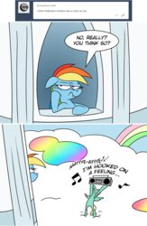 Size: 721x1108 | Tagged: dead source, safe, artist:fractiouslemon, rainbow dash, zephyr breeze, pegasus, pony, ask rainbow dash, g4, annoyed, ask, b.j. thomas, bipedal, blue swede, cheek squish, dialogue, female, floppy ears, hooked on a feeling, lyrics, male, music notes, no pupils, nose wrinkle, profile, radio, rainbow, rainbow dash is not amused, reference, sarcasm, say anything, ship:zephdash, shipping, speech bubble, squishy cheeks, straight, text, tumblr, tumblr comic, unamused