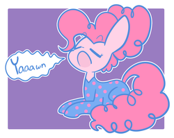 Size: 1280x1020 | Tagged: safe, artist:typhwosion, pinkie pie, earth pony, pony, g4, alternate hairstyle, clothes, cute, diapinkes, eyes closed, female, footed sleeper, open mouth, pajamas, prone, solo, speech bubble, yawn