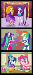 Size: 679x1500 | Tagged: safe, artist:sapphiregamgee, adagio dazzle, aria blaze, pinkie pie, rainbow dash, rarity, sonata dusk, equestria girls, g4, my little pony equestria girls: better together, apple juice, apron, armpits, belly button, bonding, boxing gloves, cake, choker, clothes, commission, dress, food, friendshipping, fruit punch, high heels, ice cream, juice, midriff, mirror, pants, punching bag, raspberry (food), reformed, shoes, shoulderless, sleeveless, sports bra, sports shorts, the dazzlings, the reformed dazzlings, tongue out, workout, workout outfit, yoga pants