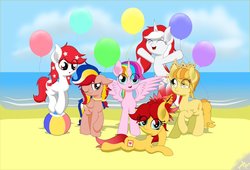Size: 900x611 | Tagged: safe, artist:php142, oc, oc only, oc:indonisty, oc:kwankao, oc:pearl shine, oc:rosa blossomheart, oc:st. pinkie, oc:temmy, alicorn, earth pony, pegasus, pony, project seaponycon, alicorn oc, balloon, beach, beach ball, birthday, female, happy birthday, mare, nation ponies, ponified, singapore, spread wings