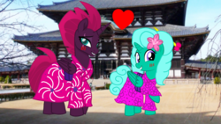 Size: 1920x1080 | Tagged: safe, artist:徐詩珮, fizzlepop berrytwist, glitter drops, tempest shadow, alicorn, pony, g4, alicornified, clothes, duo, female, flower, flower in hair, glittercorn, japan, japanese, kimono (clothing), lesbian, mare, race swap, ship:glittershadow, shipping, tempesticorn