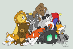 Size: 4109x2758 | Tagged: safe, artist:racingwolf, oc, oc only, oc:scy, bear, big cat, bird, cat, changeling, dog, fox, lion, rabbit, raccoon, changeling oc, green changeling, plushie, ponysona, simple background, solo
