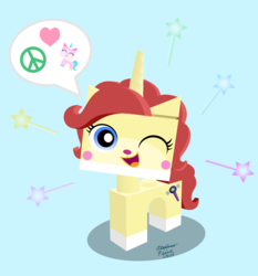 Size: 2364x2536 | Tagged: dead source, safe, artist:aleximusprime, oc, oc only, oc:eilemonty, cat, pony, unicorn, crossover, cute, eileen montgomery, eilemonty, female, heart, high res, lego, looking at you, one eye closed, parody, peace, peace love and unicorns, peace symbol, pictogram, solo, the lego movie, unikitty, wink