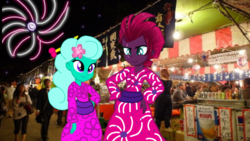 Size: 1920x1080 | Tagged: safe, artist:徐詩珮, fizzlepop berrytwist, glitter drops, tempest shadow, equestria girls, g4, clothes, equestria girls-ified, female, flower, flower in hair, japan, japanese, kimono (clothing), lesbian, ship:glittershadow, shipping